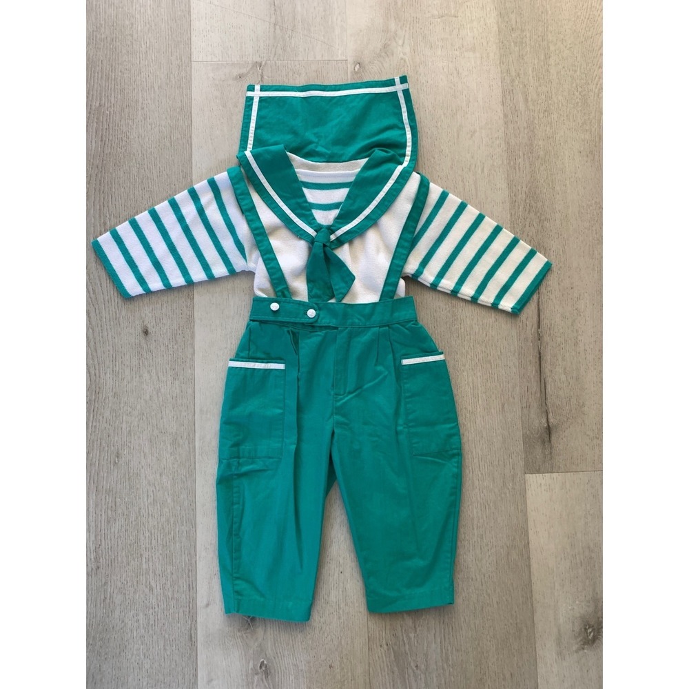 Vintage Absorba France Kids Sailor Outfit Green White Striped Top Suspenders 18M